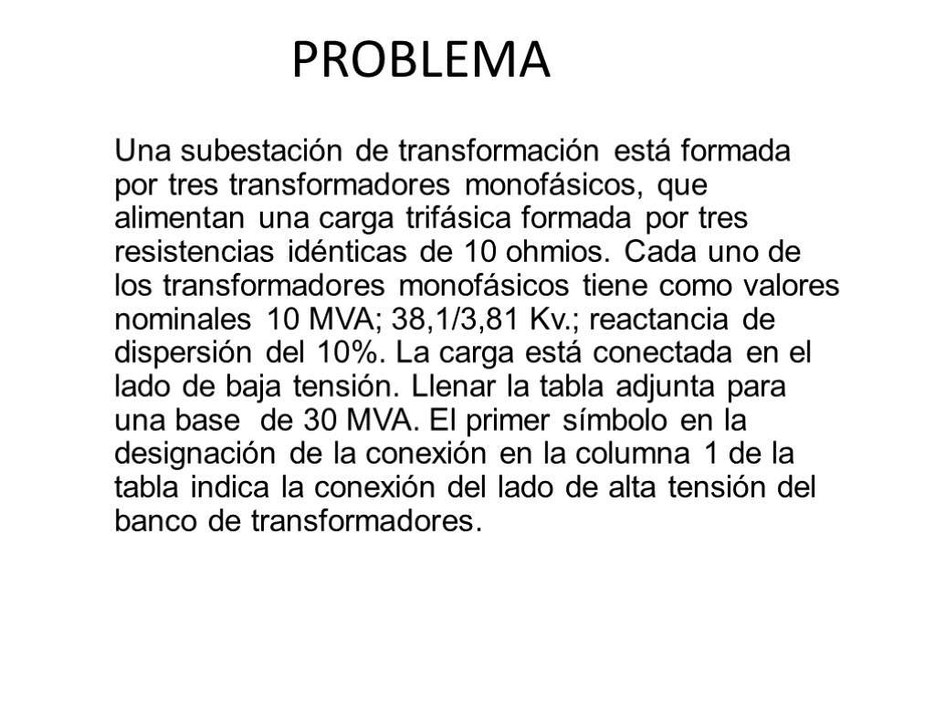 PROBLEMA Una subestación de transformación está formada por tres transformadores monofásicos, que alimentan una